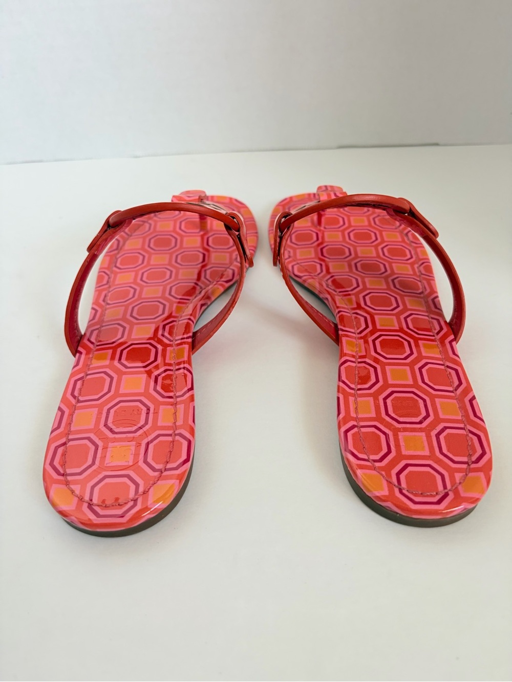 Tory Burch Miller Sandals Flip Flop Geometric Printed Leather Orange Pink Size 8 - Picture 6 of 14